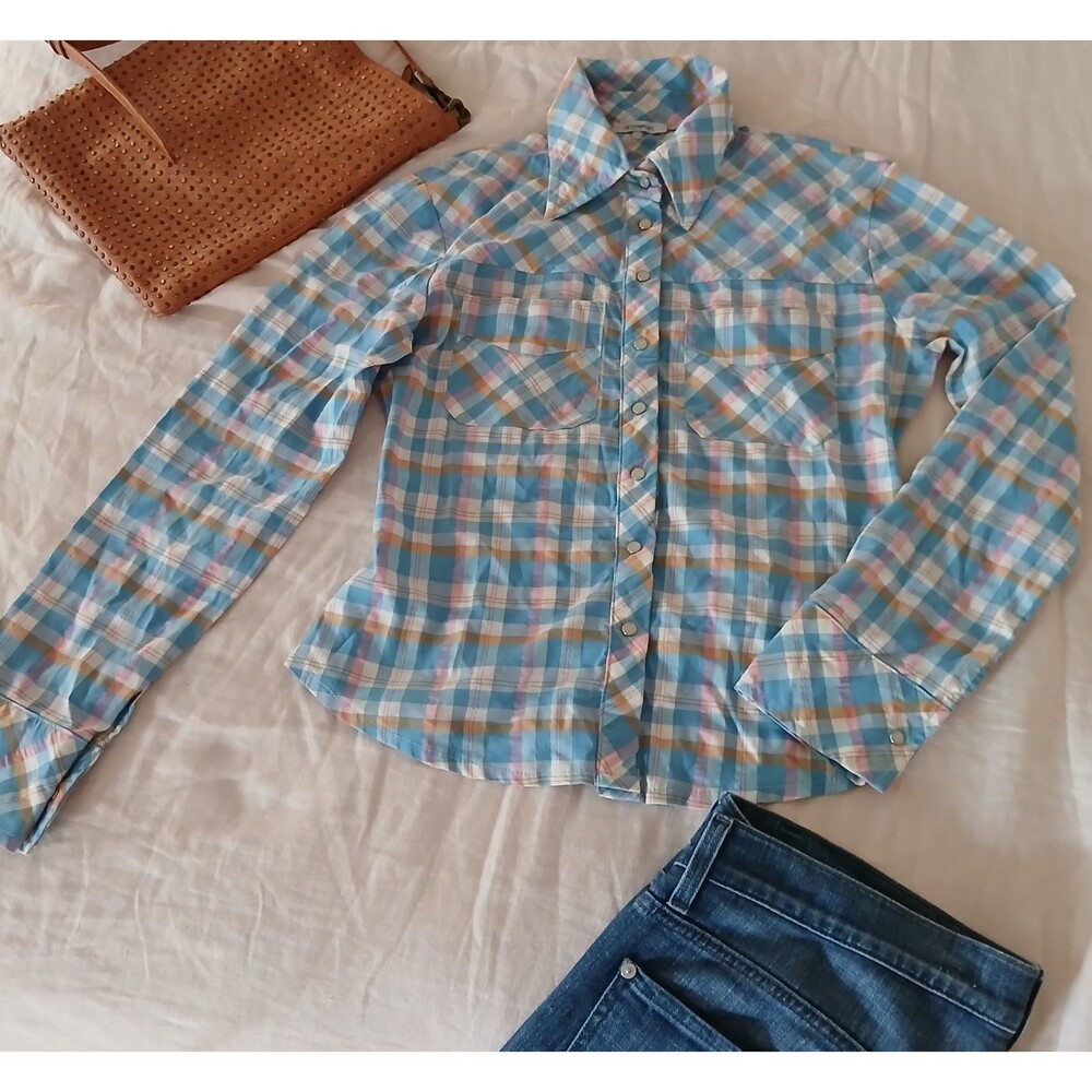 Vtg Le Complici Pearl Snap 70s Western Style Shirt Pastel Plaid Button Down Sz M